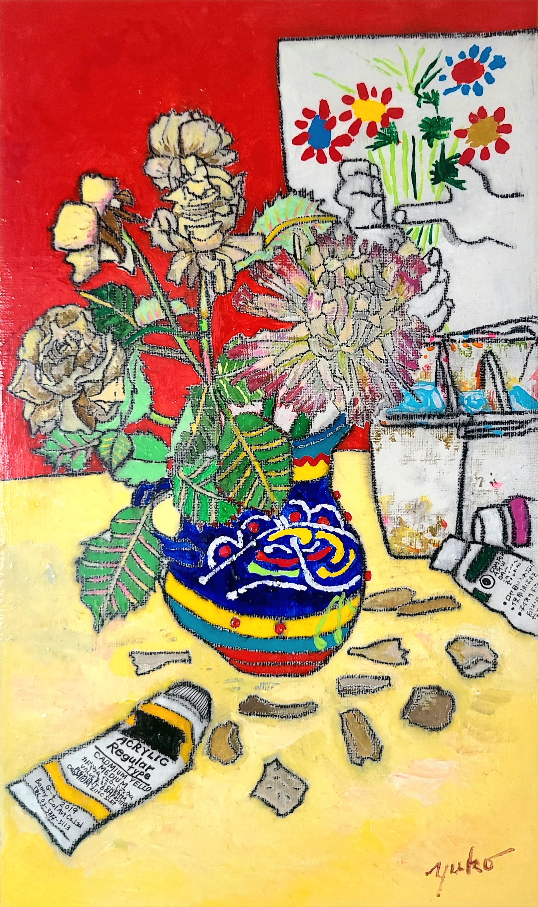 白いボトルと枯れた花 by 線画家 もんでんゆうこ - 絵画販売・購入
