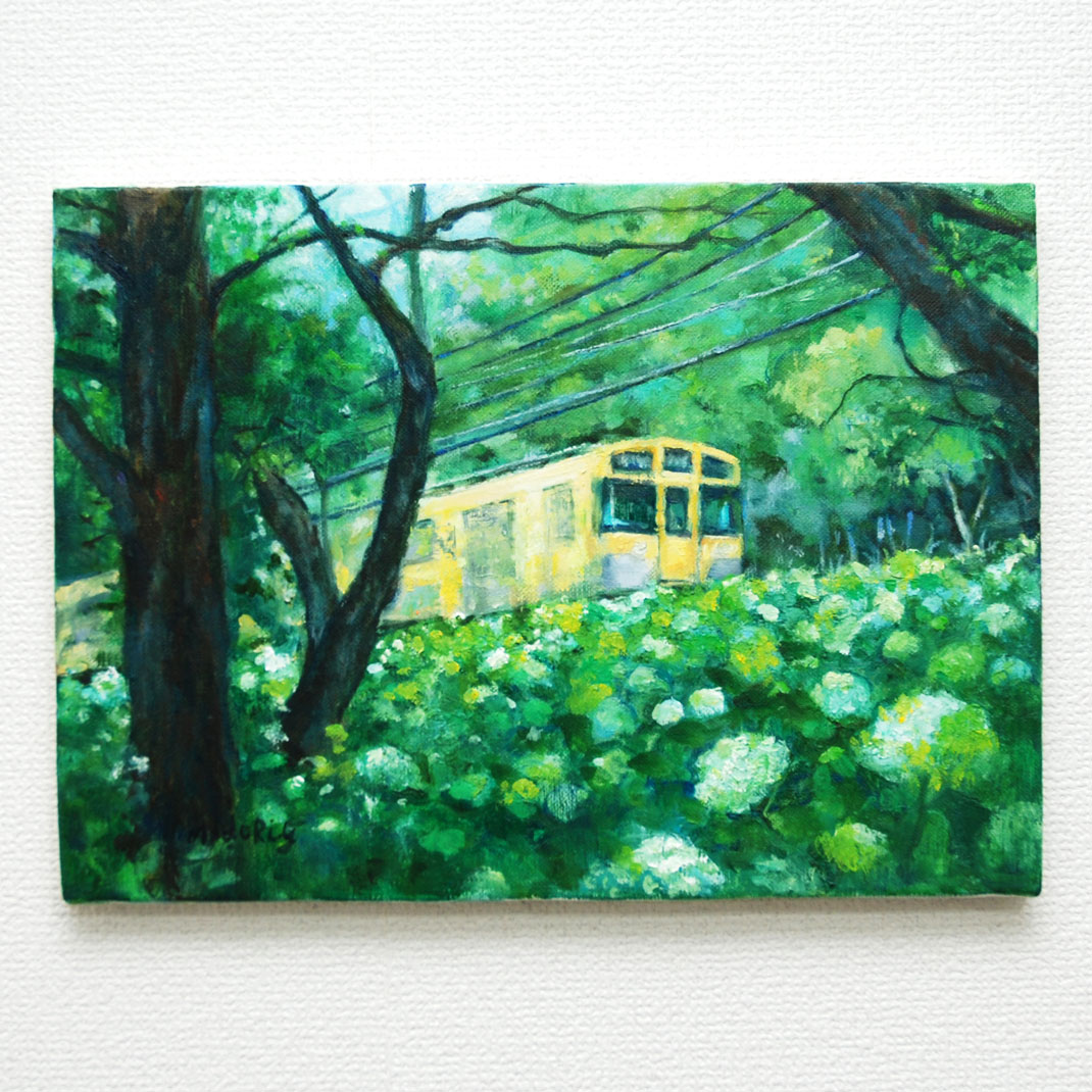水彩画　ジクレー版画「稲穂と電車」（小郡市） 水彩画 ジクレー版画「稲穂と電車」（小郡市） 市電・路面電車の