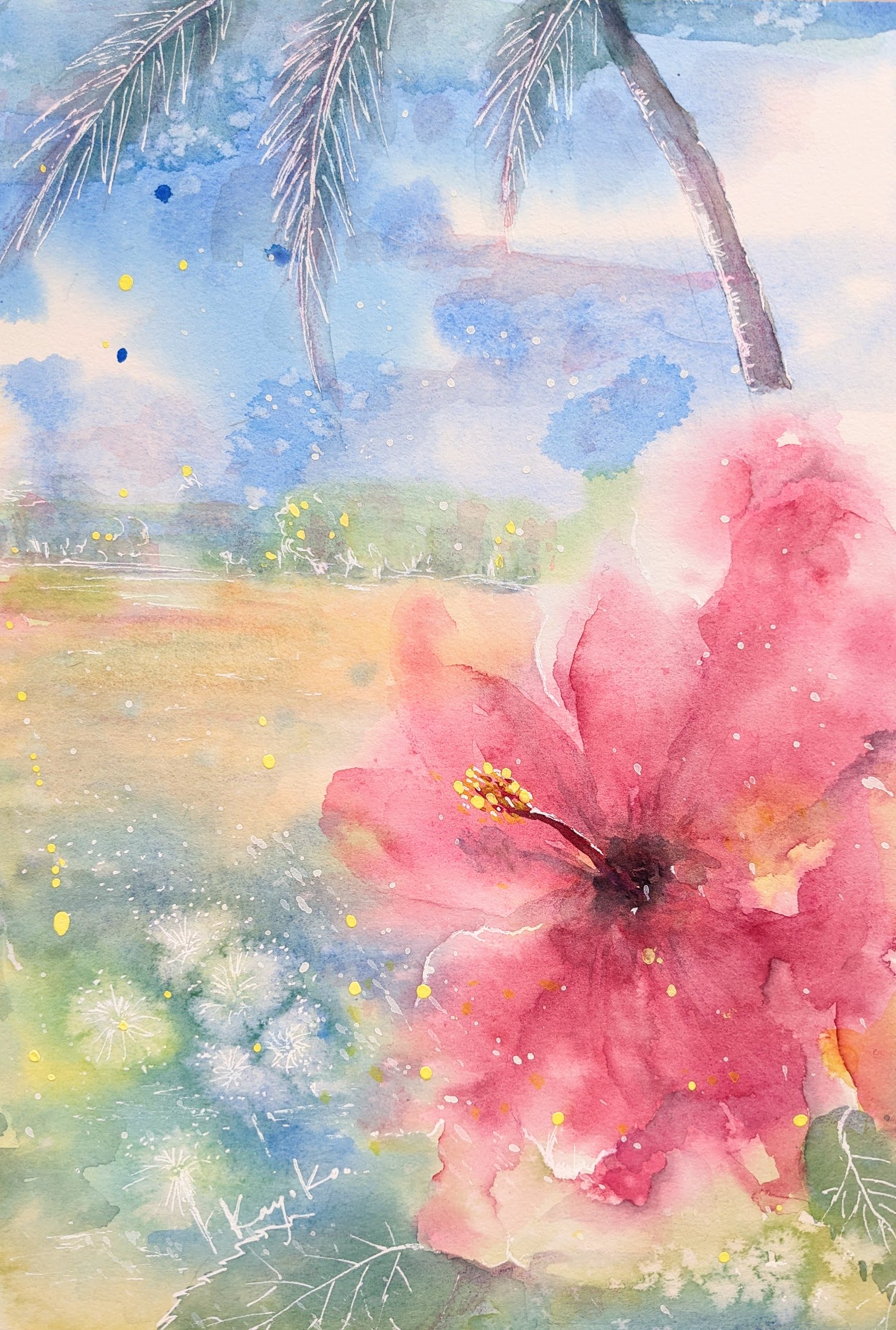 【額縁付き原画】赤い花と青い紫陽花の静物画｜アクリル絵画 額縁付き原画】赤い花と青い紫陽花の静物画｜アクリル絵画