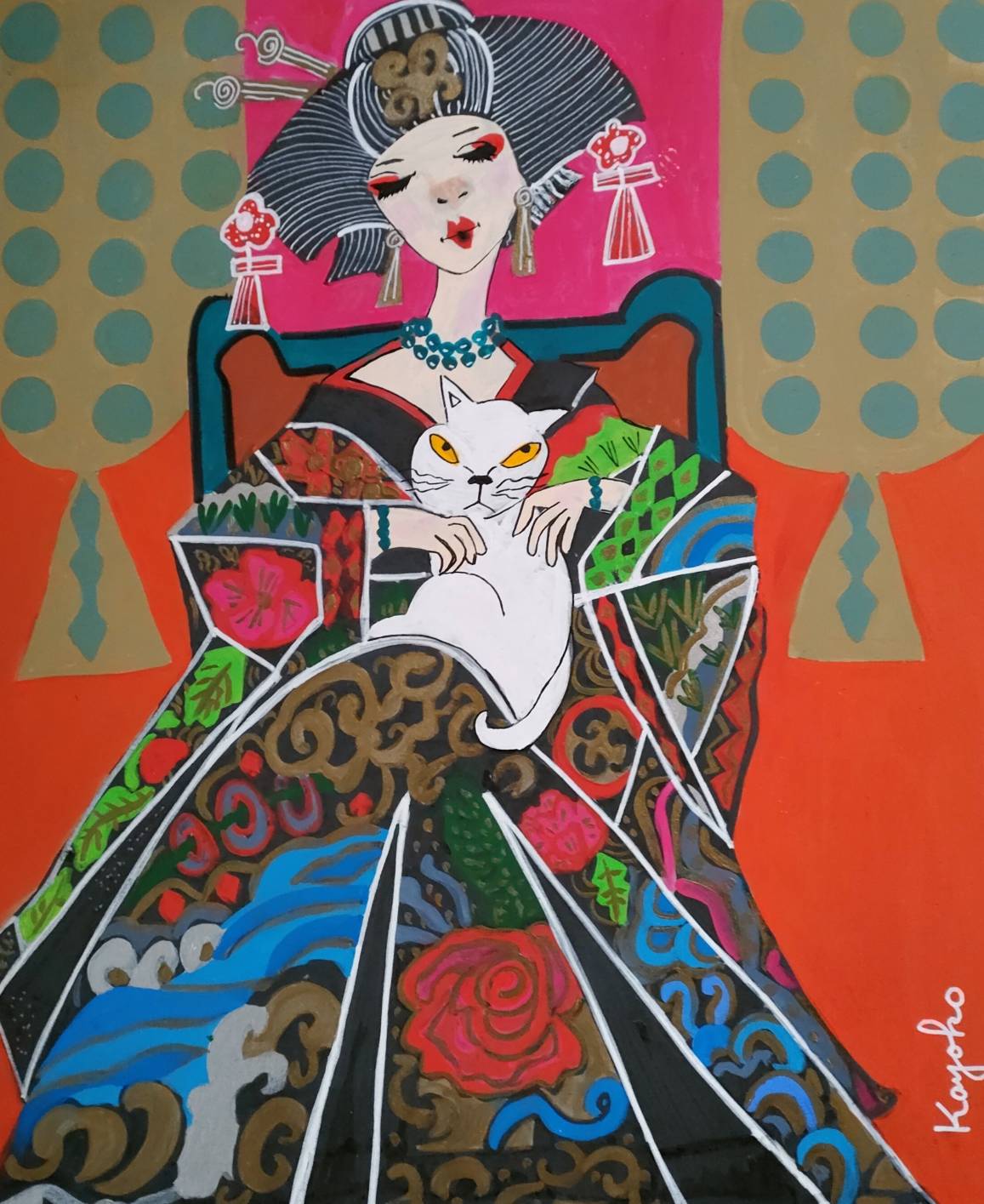 白い猫を抱く女性 by 山口香代子 - 絵画販売・購入・レンタル