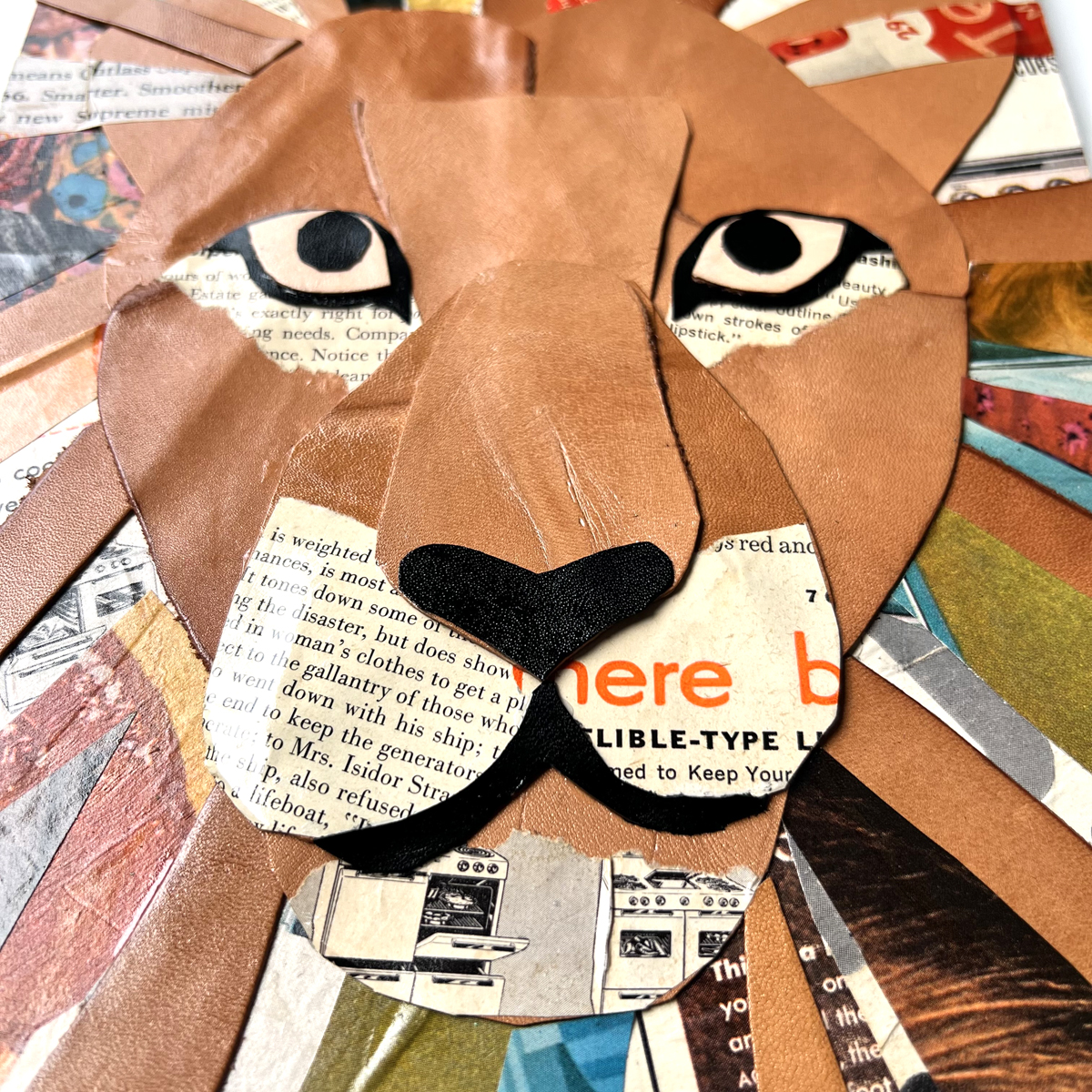 レザーのコラージュアート （ライオン） A4サイズ 木製パネル 一点もの