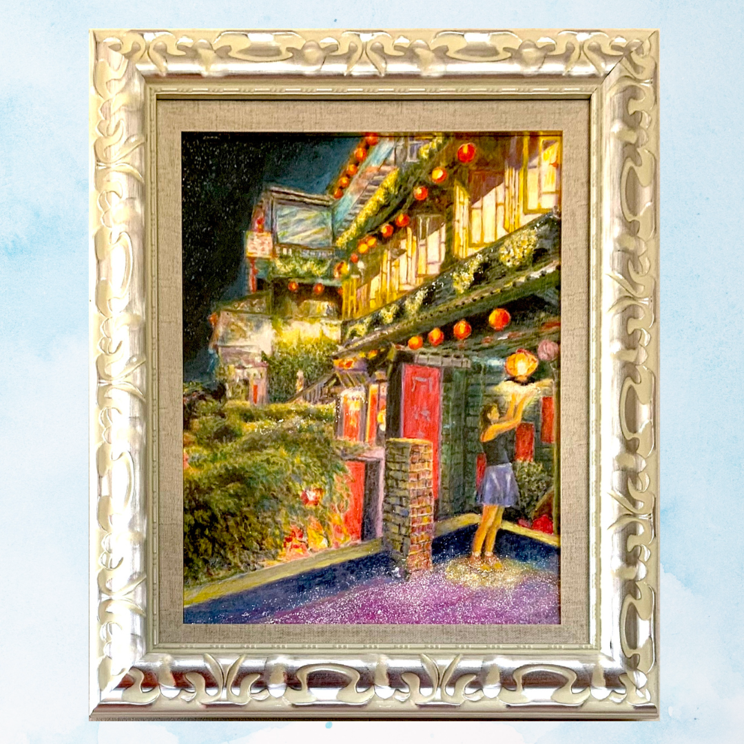 風景画「台湾九份の夜景」油彩画/F6 額付き by 福家佳則 / Fukei-ART