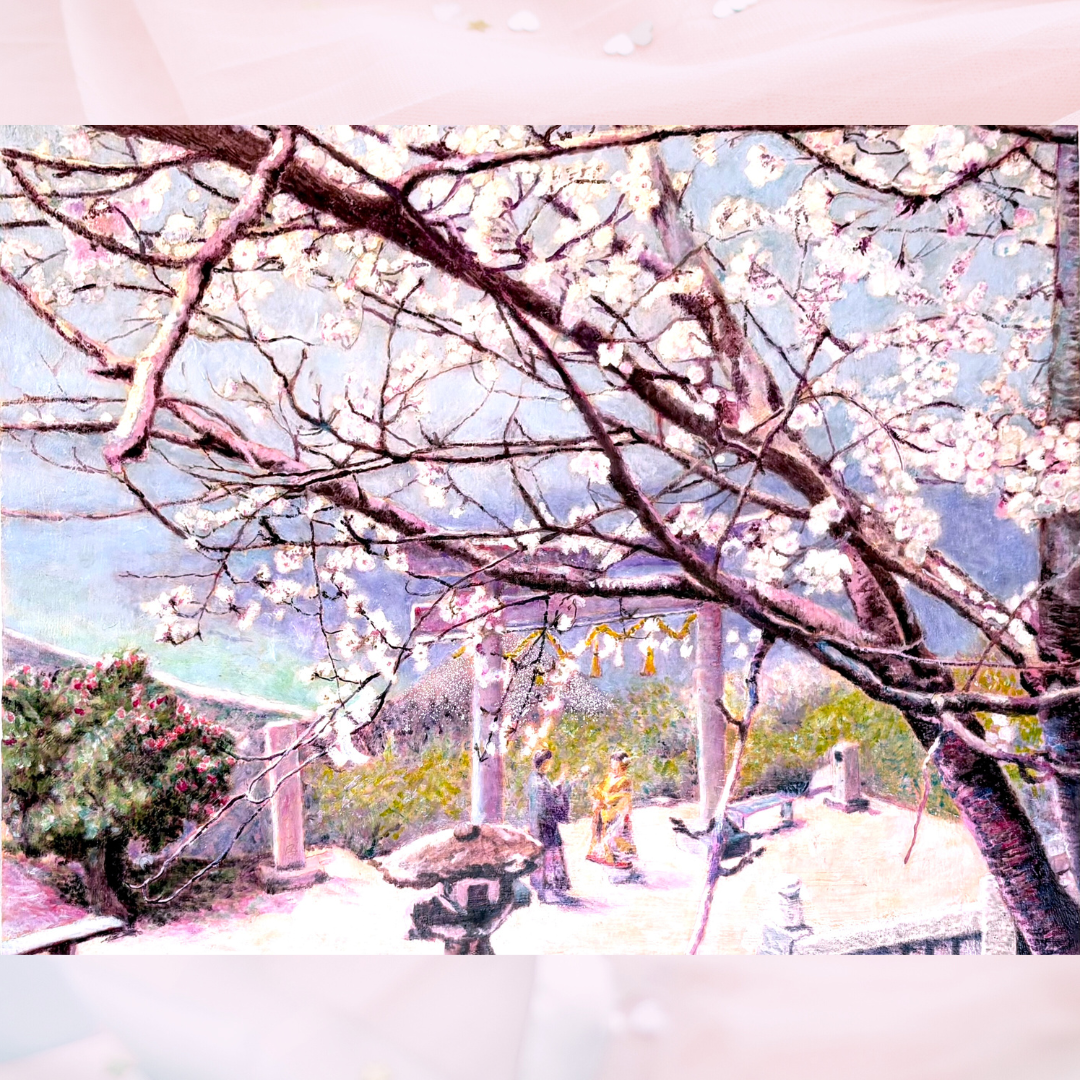 風景画「春光の高屋神社」油彩画P10 額付き by 福家佳則 / Fukei-ART