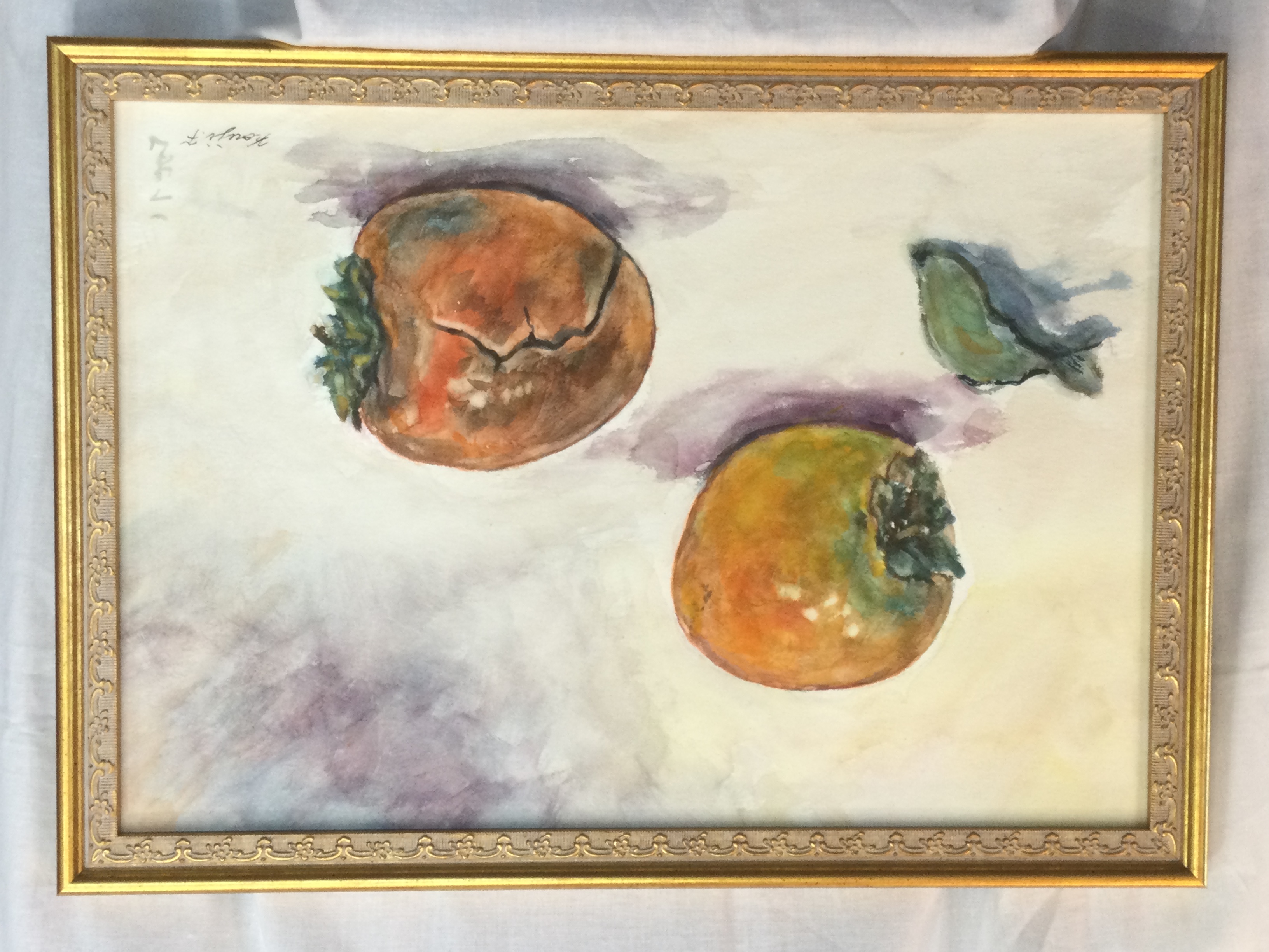 水彩画　柿　ムクドリ　秋の絵　マーメイド紙　絵画　アート　美術　秋　鳥　果物 水彩画 柿 ムクドリ 秋の絵 マーメイド紙 絵画 アート 美術 秋