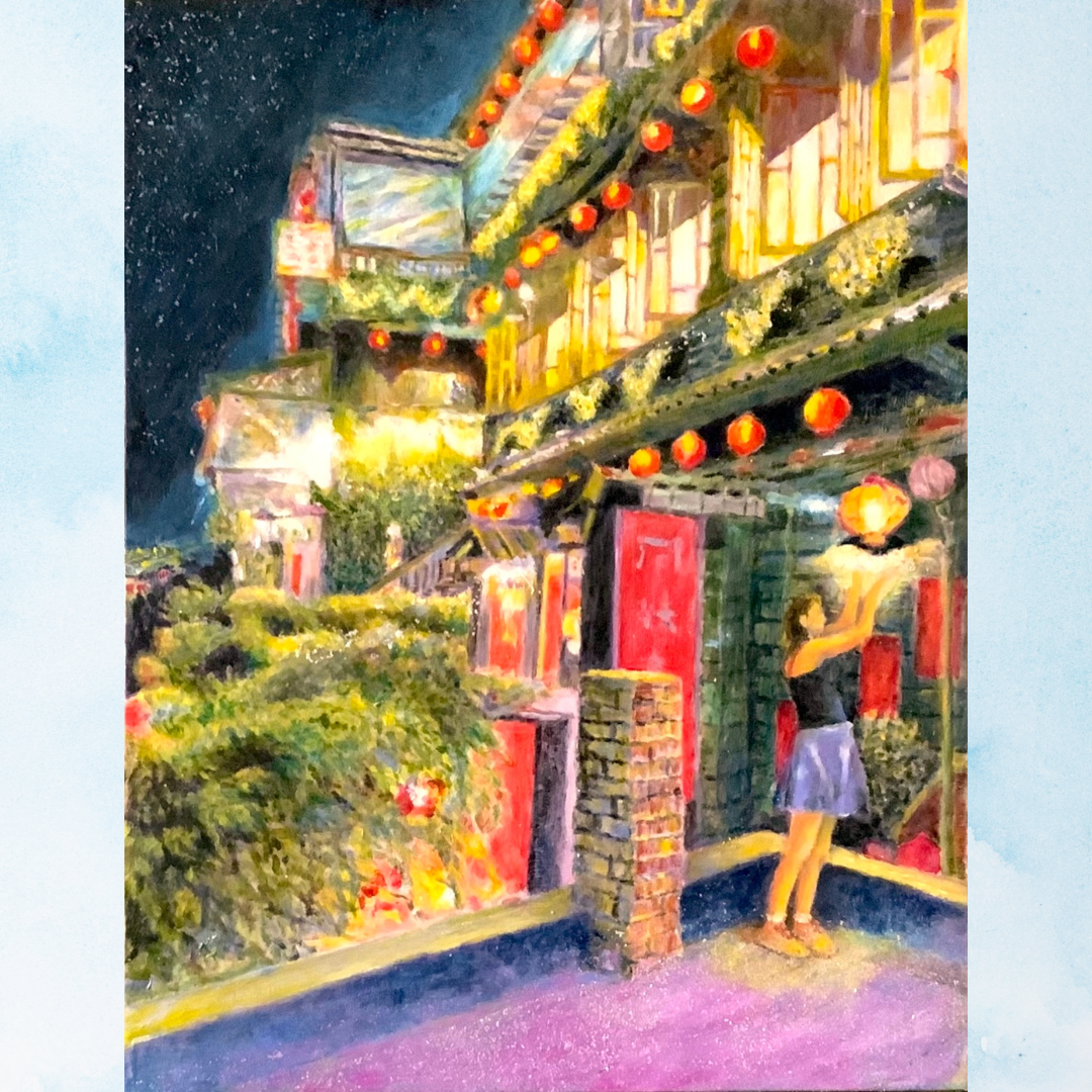 風景画「台湾九份の夜景」油彩画/F6 額付き by 福家佳則 / Fukei-ART