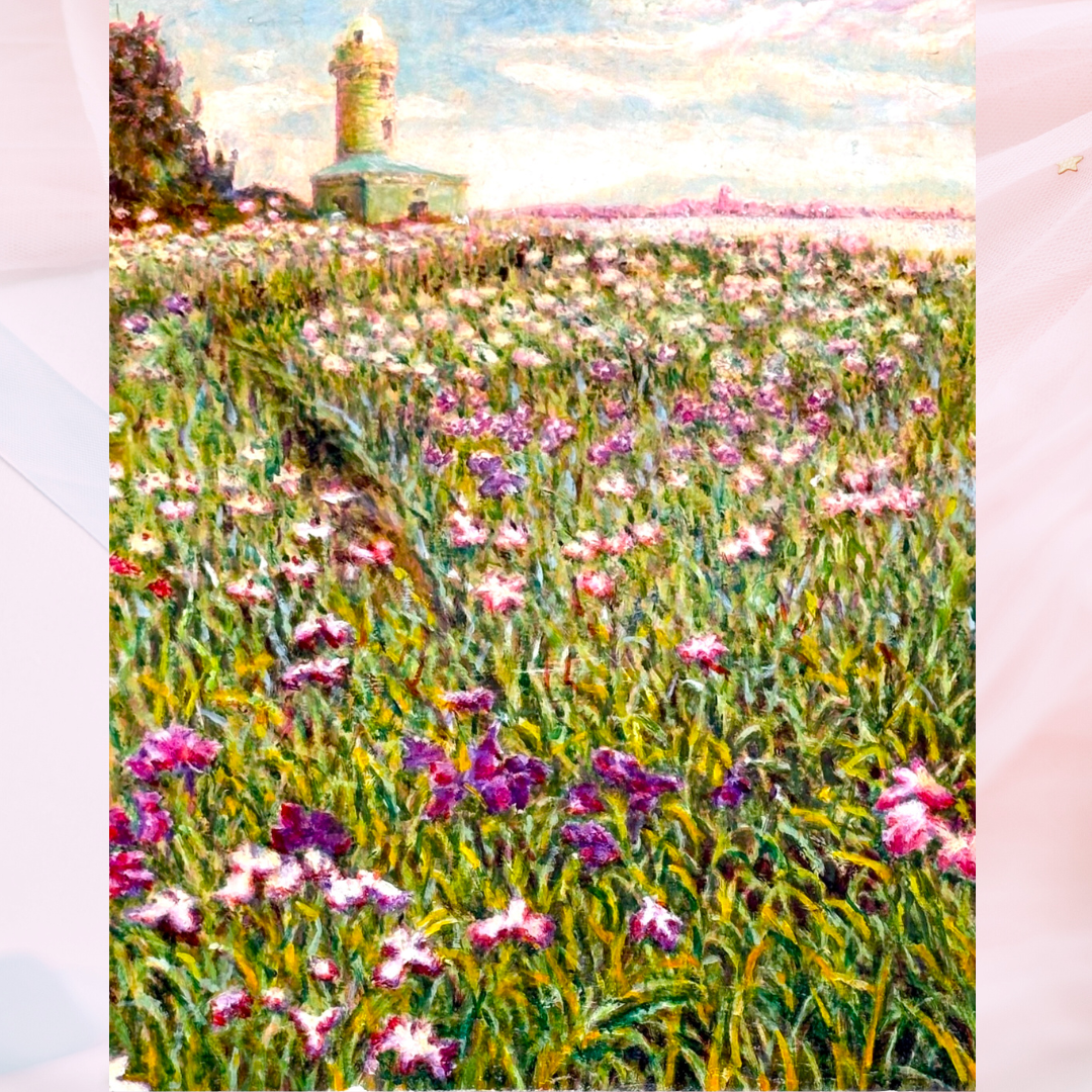 風景画「灯台と花菖蒲」油彩画 F4 額付き by 福家佳則 / Fukei-ART