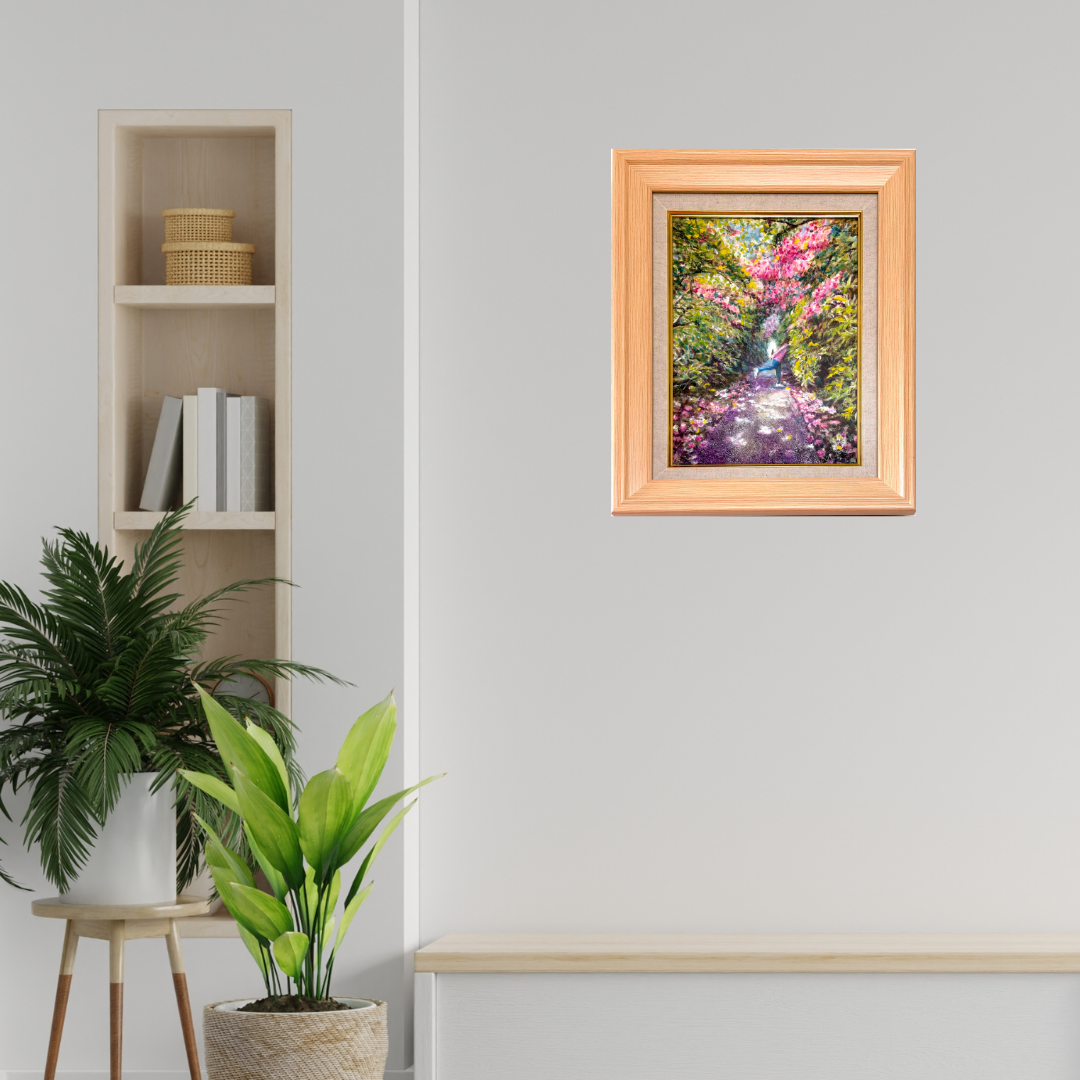 風景画「ツツジの木漏れ日」油彩画F4 額付き（アクリル面 ） by 福家