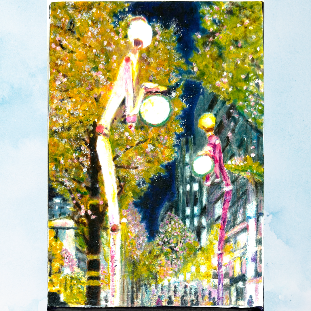風景画「アートな街路灯の街」油彩画 SM 額付き by 福家佳則 / Fukei