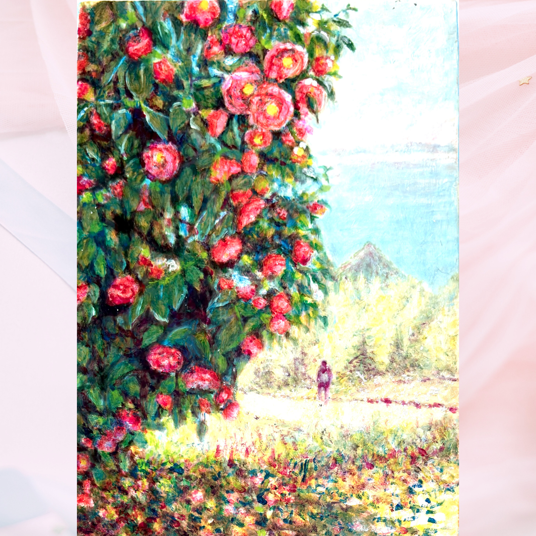 風景画「山に咲く赤椿」油彩画 SM/額付き by 福家佳則 / Fukei-ART