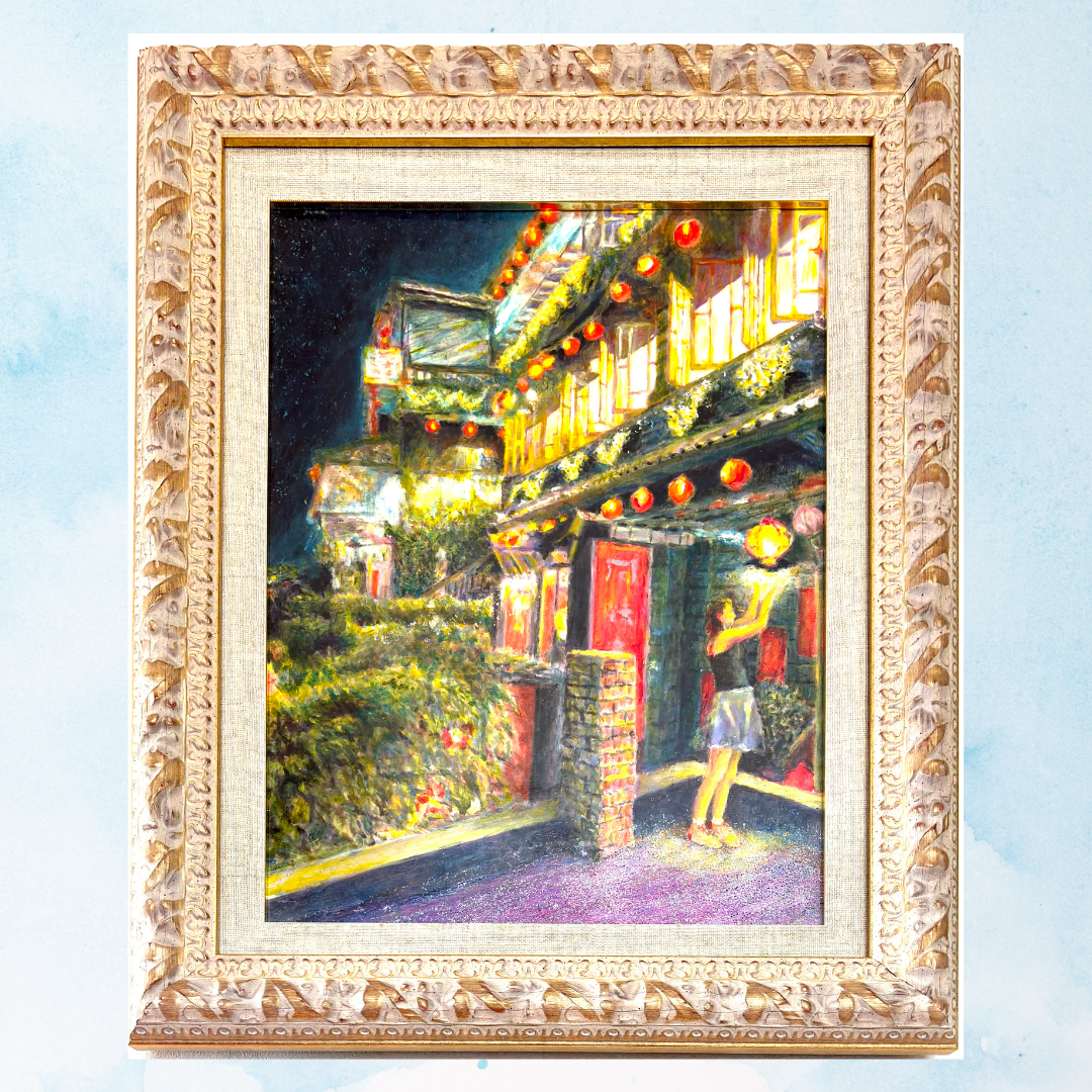 風景画「台湾九份の夜景」油彩画/F6 額付き by 福家佳則 / Fukei-ART
