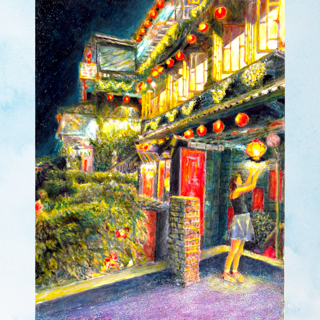 風景画「台湾九份の夜景」油彩画/F6 額付き by 福家佳則 / Fukei-ART