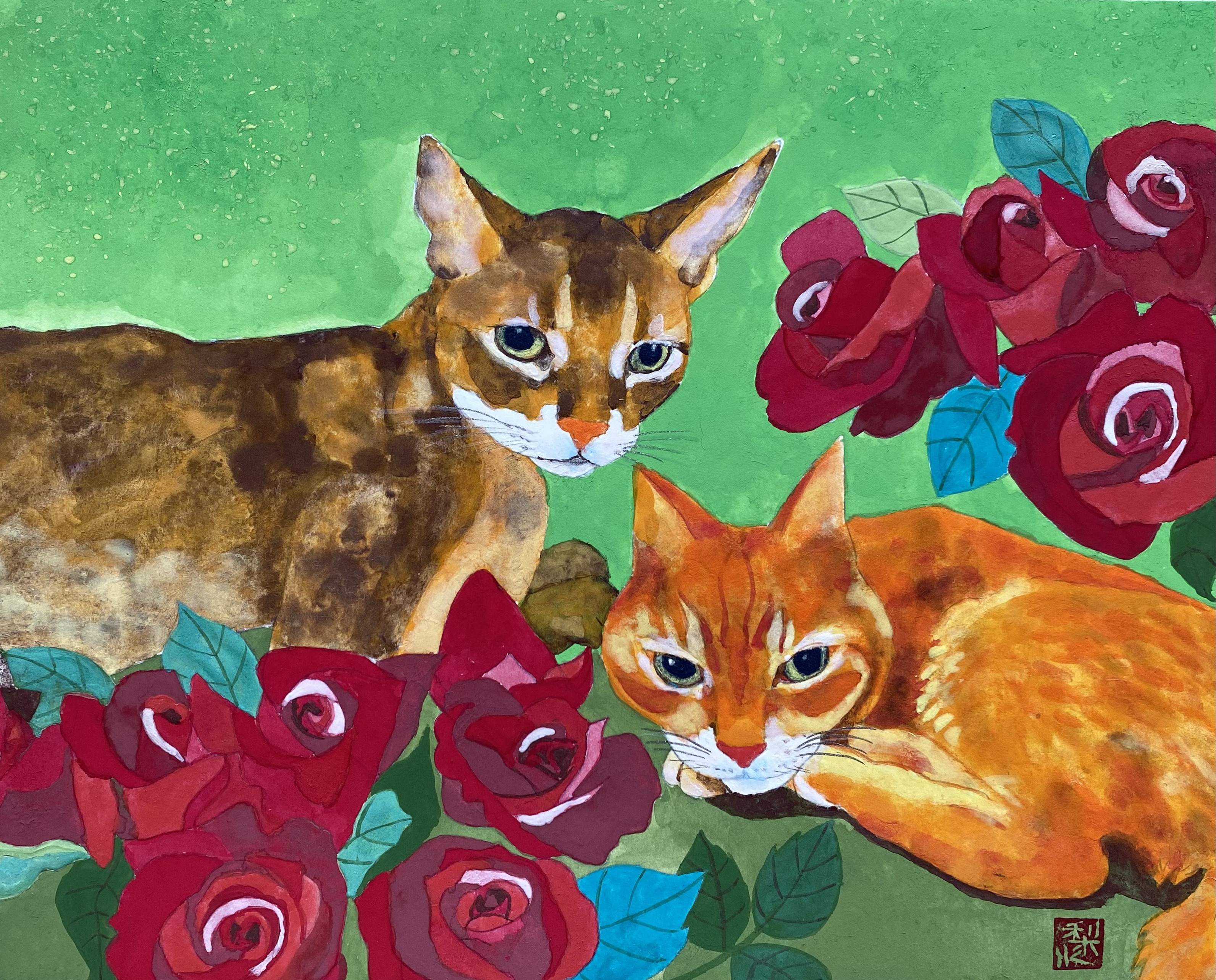 油絵 絵画【猫と赤い薔薇】 猫の作品一覧 - 絵画販売・購入・レンタル（サブスク） - ARTELIER